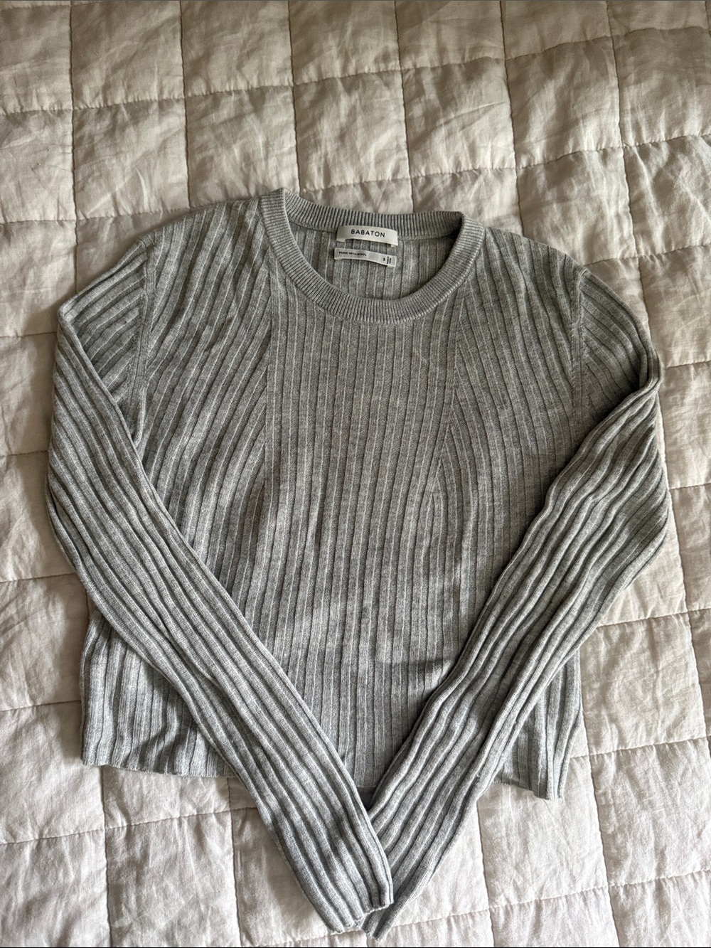 Babaton Heather Gray Ribbed Crewneck Sweater